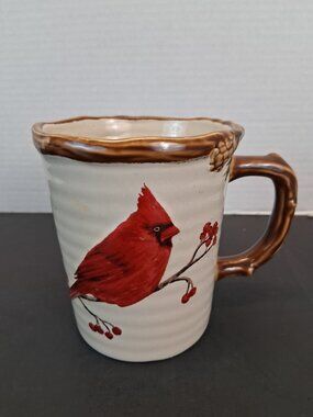 St. Nicholas Square Snow Valley Cardinal Mug 12 oz. 3D Pinecone Nature Bird NOS
